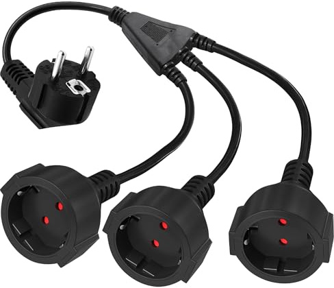 LANMINGLEL Cavo di prolunga Schuko corto 3 su 1, cavo corto Schuko doppio, cavo di prolunga Y con spina Schuko, 3 x 1,5 mm², 16 A, 250 V, IP44, per casa, ufficio (nero-90 gradi)