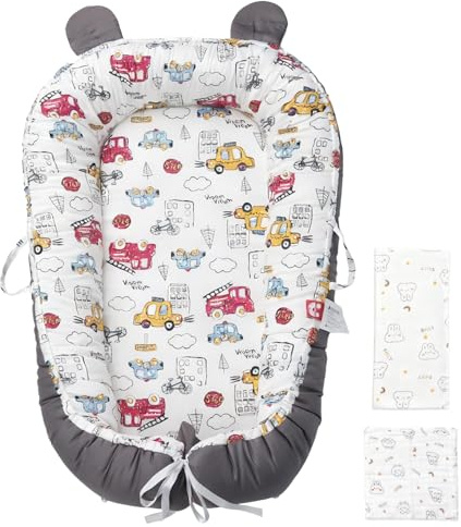 Huracan Babynest für Neugeborene, baby nestchen 100% Baumwolle, Baby Nest doppelseitig & abnehmbar, Weich Atmungsaktiv Kuschelnest, 90x50cm Babynestchen Inkl. Decke 85×85 & 5 Musselin-Waschlappen