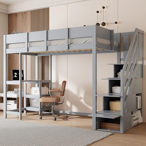 BXEYXE Multifunktionell våningssäng med förvaringsutrymme, våningssäng med hylla, 90 x 200 cm, sängram av massiv furu med ribbotten, säng för barn och tonåringar, grå