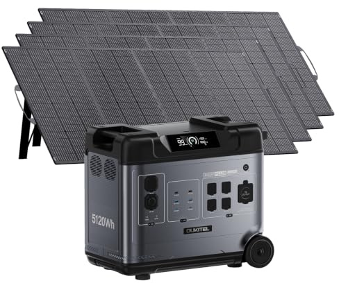 OUKITEL P5000 Pro Generador Solar 5120Wh, Potencia 4000W con 4x200W Panel Solar, Batería LiFePO4, Carga 1.2h, 15 Salidas, APP, UPS, Estación de Energía para Camping y Emergencia en Casa