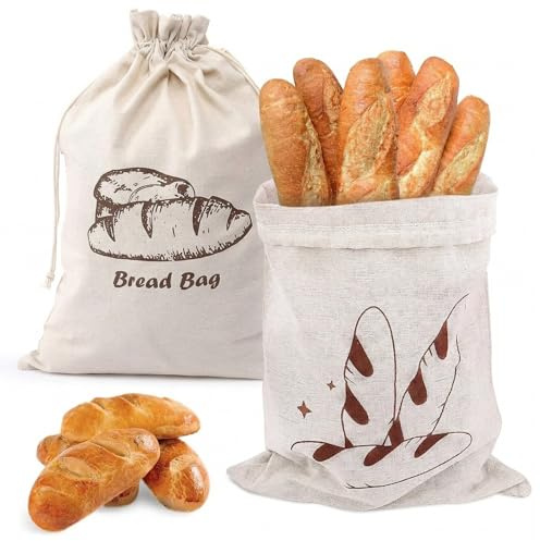 2 Sacchetti per Pane in Lino 30x45cm, Sacchetto per Pane con Coulisse, Sacchetto Riutilizzabile per Conservare Pane, Frutta & Verdura, 2 Stili