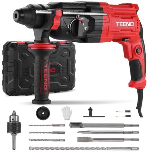 TEENO 950W SDS Plus Hammer with 17 Accessories, Martillo Ligero 0-1150rpm/5100BPM, 4 Functions and Safety Clutch, Variable Speed, Concrete, Steel, Wood