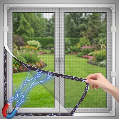 Magnetic Fly Screen Window Adjustable DIY Window Net Fits Up to 120x130cm, Fiberglass Mosquito Mesh Windows Keep Bug Flies Out, Full Frame Magnetic Strip Easy Install No Drilling