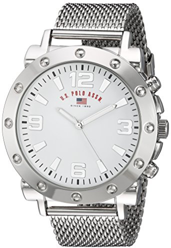 U.S. Polo Assn. Men's Silver Mesh Watch – Classic Analog Quartz Timepiece with Bold Bezel Detailing, White Dial & Textured Strap – 48mm Case – Fits Wrists 5.5 to 8