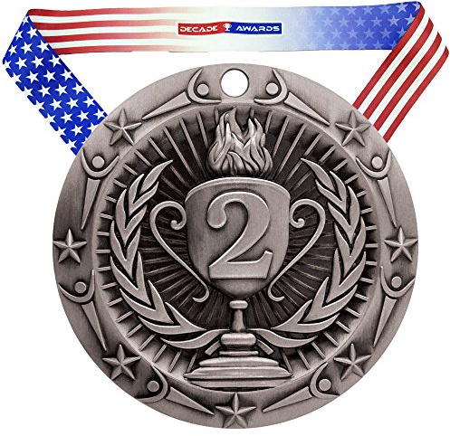 Decade Awards 2nd Place Silver Medal - Large | Metal Award Medals with Stars & Stripes Neck Ribbon - Perfect for School Competitions, Coaches, Students, Athletes & Scholars