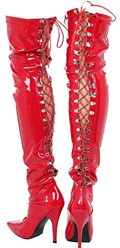 Damen-Stiefel mit Stiletto-Absatz, sexy, Oberschenkelhoch, Kinky Fetisch über dem Knie, Schnürung und seitlicher Reißverschluss, Größe 37-47, rotes Leder, 42 EU