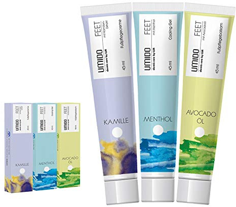 UMIDO 3 Stück Set Fuß-Creme Set 45 ml | 1x Kamille | 1x Menthol | 1x Avocadoöl | Fußbalsam | Fußlotion | Pflegecreme | Fußpflegecreme | Creme