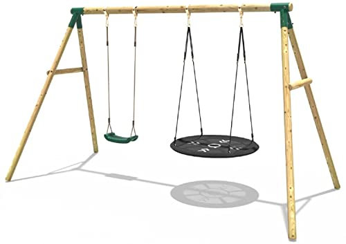 Rebo® Children's Wooden Garden Swing Set - Meteorite Green | OutdoorToys | Pressure Treated Timber, Large 100cm High Density Nest Swing, Sturdy Construction