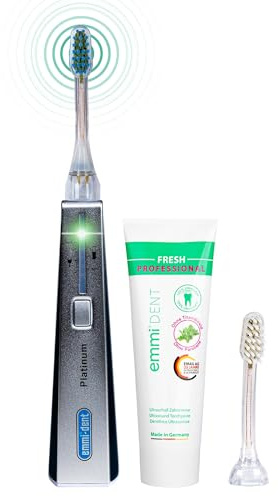 emmi-dent Platinum Brosse à Dents Électrique à Ultrasons (kit de Base Carbon) I Idéal pour Dents et Gencives Sensibles I Brossage Optimal des Dents sans Frottement I Autonomie Piles Jusqu'à 15 Jours