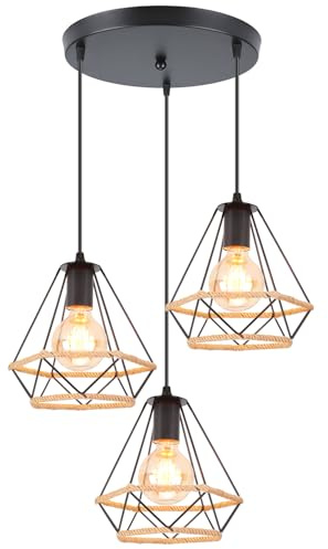 iDEGU 3-flammig Hängelampe Industrie Vintage Pendelleuchte 20cm Lampenschirme aus Metall Käfig mit Hanfseil Retro E27 Schwarz Hängeleuchte für Esszimmer Wohnzimmer Küche Schlafzimmer (Rondell)