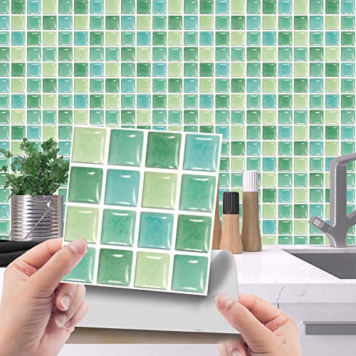 Hiseng Rectángulo Adhesivos Decorativos Azulejos Pegatinas para Baldosas del Baño, Mármol 3D Mosaico Estilo Cocina Resistente al Agua Pegatina de Pared, 10x10cm (Verde,30Piezas)