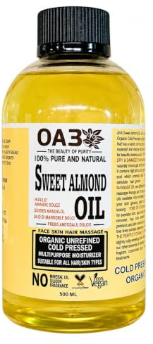 Sweet Almond Oil 500ml – 100% Pure Cold Pressed Carrier Oil – Rich in Vitamin E – Natural Massage Oil for Hair, Face & Body – Lightweight Moisturising Oil for Dry & Sensitive Skin