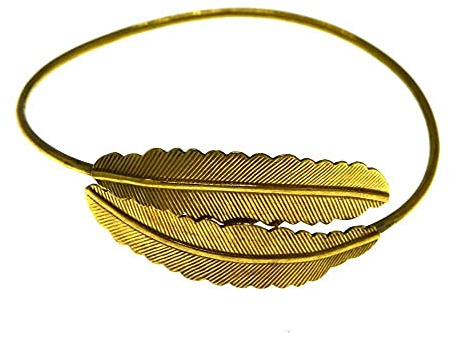 CHICNET Brass Armreif antik golden zwei Federn schmal Lorbeer Kranz Blätter Armspange Arm Schmuck Messing gold dunkel oxidiert