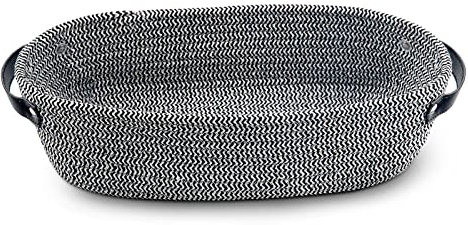 TENQUAN 1 Pc Aufbewahrungskorb aus Baumwollseil mit Ledergriff, 34×17×10cm Geflochten Regalkorb für Schrankregale, Dekorative Korb Aufbewahrung für Schlafzimmer, Badezimmer (Schwarz-Weiss)