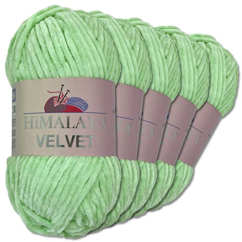 Wohnkult Himalaya 5 x 100 g Velvet Dolphin Wolle 40 Farben zur Auswahl Chenille Strickgarn Glanz Flauschgarn Accessoire Kleidung (90007 | Mint)