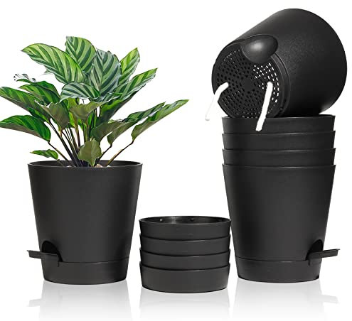 T4U 16,5cm Kunststoff Blumentopf mit Bewässerungssystem, 6er-Set Selbstbewässerung Übertopf mit Untersetzer, Rund Pflanzkübel für Innen und Balkon Garten Pflanzen Sukkulenten Kaktus, Schwarz
