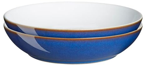 Denby - Imperial Blue Pasta Bowls Set of 2 - Dishwasher Microwave Safe Crockery 1050ml 22cm - Royal Blue, White Ceramic Stoneware Tableware - Chip & Crack Resistant