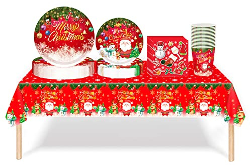Vaisselle de fête de Noël jetable pour 16 invités, décoration de Noël avec nappe en plastique, assiettes en papier et gobelets pour décoration de fête de Noël