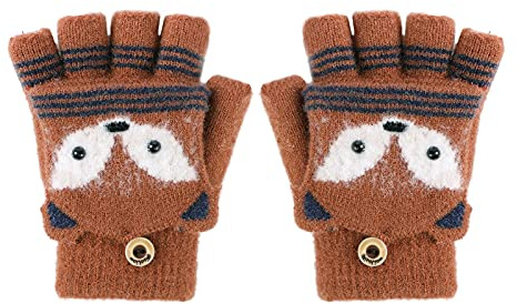 Guanti a mezza dita per bambini, unisex, in peluche e volpe, invernali, caldi, delicati sulla pelle, con bottoni per bambini da 6 a 10 anni, Rosso-bruno, 12.5 cm * 7 cm