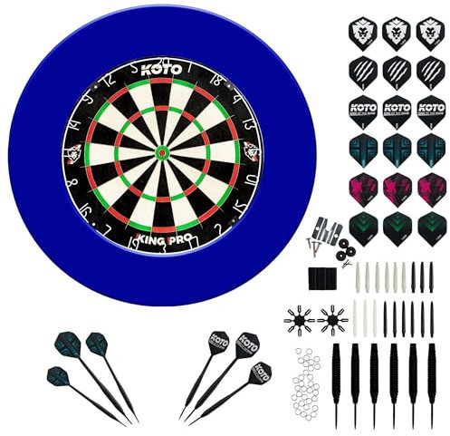KOTO - King Pro Edition Dartscheibe Blau Incl. Surround & Accessory Kit Steeltip 90 Stücks, 2 Sets Dartpfeile 23 G, 6x3 Flights, 6x3 Shafts