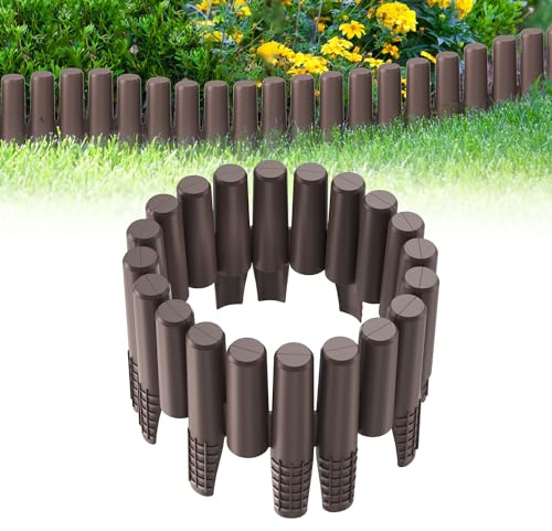XMTECH Rasenkante Holzoptik 2,8m Garten Beetumrandung Beeteinfassung Mähkante Palisade aus Kunststoff, Gartenpalisade Gartenzaun, Braun, 1 Element (L x H): 28 x 24,5 cm, 10 Stück
