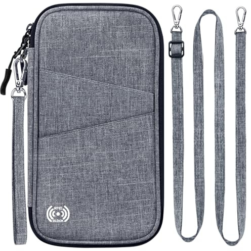 LUROON Reisepass Tasche Familie Reiseorganizer mit RFID Blocker Herren Damen Reisepasstasche für Kreditkarten Personalausweis Flugtickets Geld Münzen Telefonschlüssel Impfausweis (Grau01)