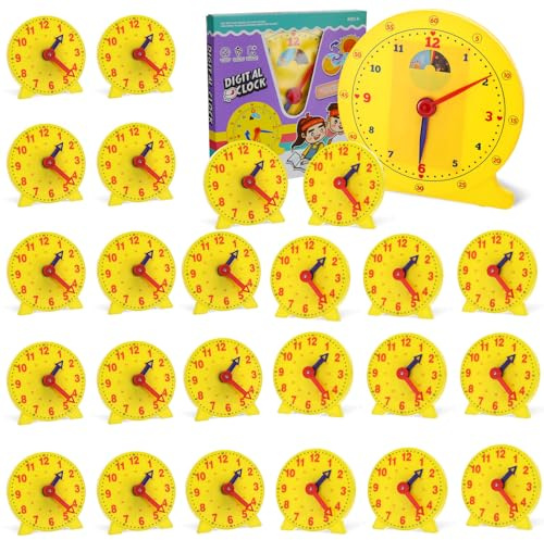 Lenwen 26 Pcs Classroom Clock Kit 24 Hours Learn to Tell Time Teaching Clock Toy for Kids Teaching Time Resources for Kids Learning Teacher Classroom Supplies (Yellow)