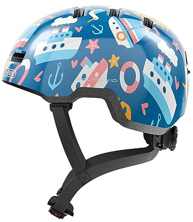ABUS Skurb Kid barnhjälm - robust cykelhjälm i skaterlook med plats för flätor och många olika mönster - för flickor och pojkar - blå med nautiska motiv, storlek S