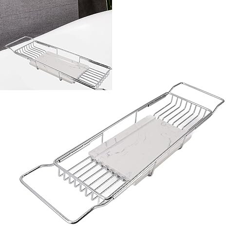 Silver White Shower Caddy For Bathtub Stainless Steel Adjustable Tray Extending Sides Bathroom Storage Organizer For Bath