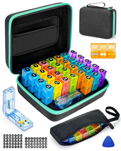 YONLOG Monthly Pill Organizer 3 Times a Day, with Portable Hard Shell, Pill Cutter, 31-Day Box, Plastic Opening Pick, Monthly & Weekly Stickers, Convenient Medication Management (Green, 3 Times a Day)