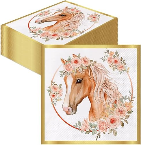 Lot de 40 serviettes en papier motif cheval - Jolies serviettes poneys et fleurs - Décoration de table d'anniversaire pour enfants - Printemps - Été - Animaux - Fête à thème - Décration