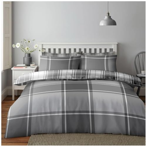 GC GAVENO CAVAILIA Tartan Duvet Covers Set, Reversible Bedcover Check Bedding Double Bed Set, Super Soft Quilt Covers with Matching Pillowcases, Grey