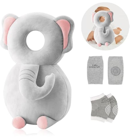 HDKAJL Baby Kopfschutz Set mit Knieschoner - Elefanten-Design, Verstellbarer Sturzschutzpolster für Babys ab 4-24 Monaten Krabbeln & Laufen Lernen