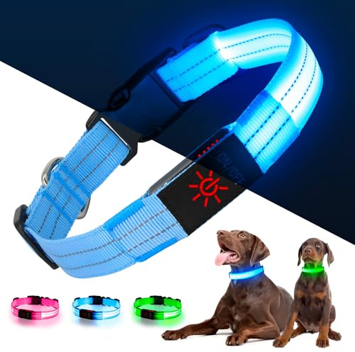 Kpuplol Leuchthalsband Hund, LED Hundehalsband Leuchtend Aufladbar mit Batteriekontrollleuchte, Wasserdichtes Leuchtendes Hunde Halsband, Einstellbare Größe, 3 Blinkende Lichter