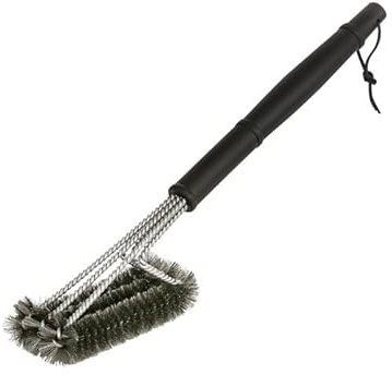 Dehner Grillbürste, Reinigungsbürste für Grills/Pizzaöfen, mit Edelstahl-Borsten, ca. 7 x 6 x 44 cm, Stahl/Leder/Polypropylen, schwarz/Silber
