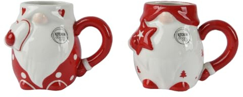 Kaemingk Tasse Wichtel 11,5cm x 1 Stück Sortiert - Keramik Teetasse mit Henkel - Keramiktasse als Weihnachtstasse Teebecher Kaffeetasse Kaffeebecher - Tassen & Becher als Geschenk - Weiß Rot