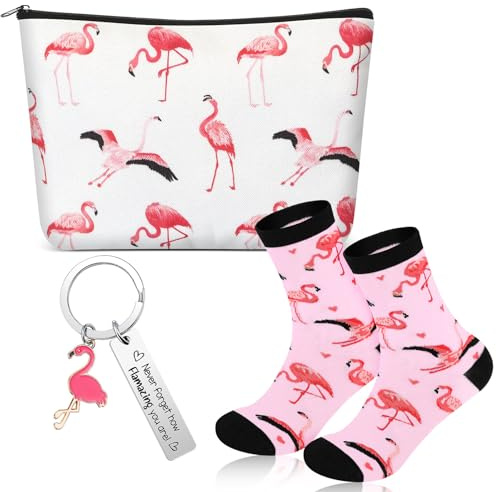 Xuniea Set de Cadeau Inspirant de 3 Pièces pour Femme Trousse à Cosmétiques Porte-Clés et Chaussettes Cadeau de Remerciement sur Thème des Animaux pour Personnel Noël Anniversaire (Style Flamant)