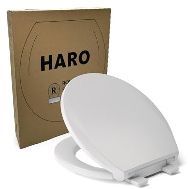 HARO Runder WC-Sitz, strapazierfähig, bis zu 250 kg Kapazität, sichere Scharniere nach amerikanischem Standard, langsam schließender Sitz, rutschfeste Stoßstangen, weiß, Advanced (PP), 41,9 x 36,8 x