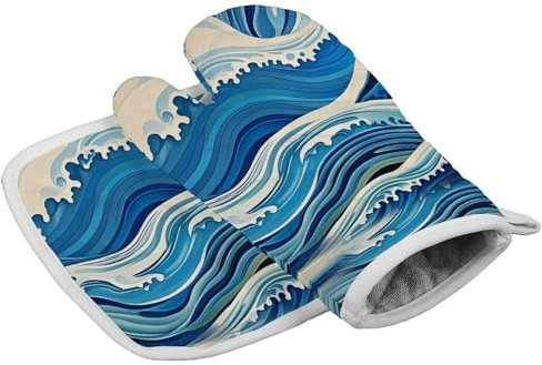 Gants de cuisine personnalisés résistants à la chaleur pour femme - Motif vague bleue
