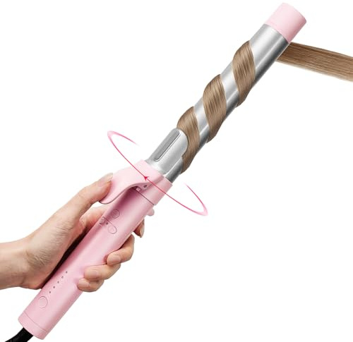 Rotating Automatic Curling Iron for Beach Waves - TYMO Curling Wand for Long Hair, Extra Long Barrel Ceramic Hair Curler for Women, 40M Ionic & Dual Voltage, 5 Temps & 30s Heat-up, 1.25 Inch, Pink