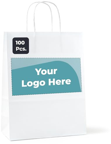 Cimpress Personalisierte Papiertüten mit Henkel weiß, Foto, Logo oder Text hinzufügen, 22 × 30 cm Dezenter Aufdruck, 100 Stück, Kraft-Geschenktüten für Einzelhandel, Boutiquen, Geburtstage, Hochzeiten