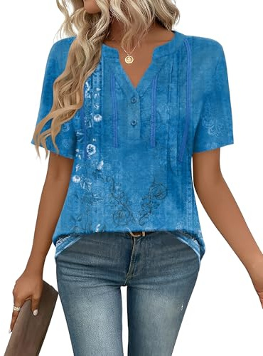 IECCP Oberteile Damen Bluse Elegant Tunika Kurzarm T-Shirt Sommer Blusen & Tuniken Lässig Sommerbluse Tshirt Große Größen Blaues Blumenmuster XL