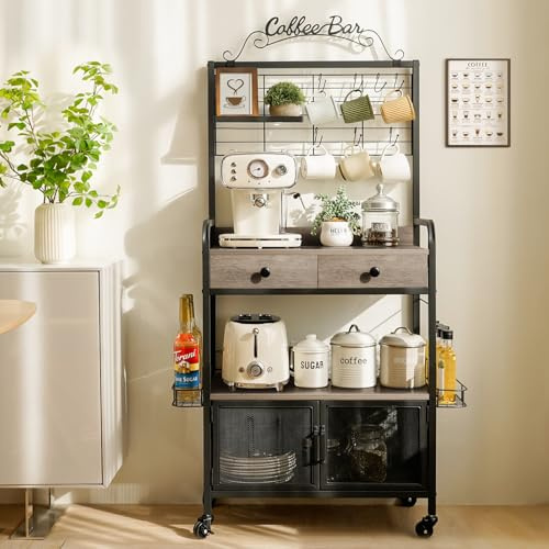 Kaffeebarschrank mit Aufbewahrung, Kaffeekorb mit Rollen, Kaffeestation mit Kaffeebarschild und Tassenhaken, Eck-Kaffee-Bartisch mit Schublade, Bäckerregal für Küche, Esszimmer, Wohnzimmer, Ecke