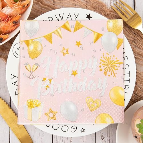 Serviette Papier Ballon En Or Rose Serviette de Table Anniversaire Jetables Cocktail Mariage Décoration de Table pour les Partys Célébrations Papier Toilette 20 Paquet(33x33cm)