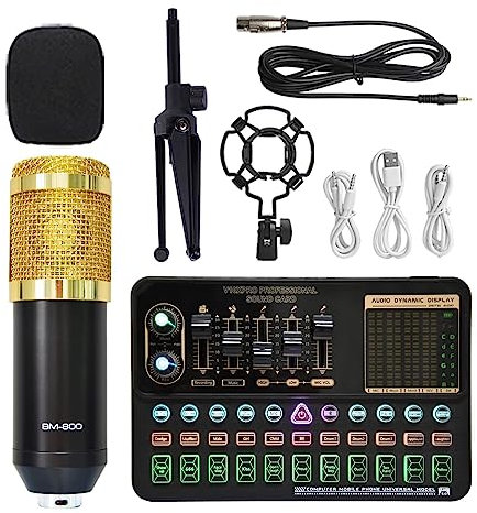 RUHEN Kit Carte Son BM800 Mixeur Carte Son Studio Mixeur Audio Réduction du Bruit de Chant Micro Voix Diffusion en Direct Enregistrement sur Ordinateur Configuration Studio
