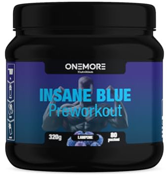 ONEMORE Nutrition INSANE Blue PreWorkout, 320g, 80 porzioni, Lampone, Integratore Energetico Pre-Allenamento, Supporto Cognitivo