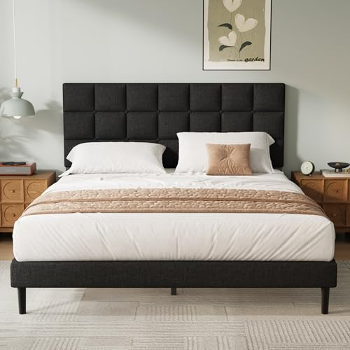 Yocreat Single Bed Frame, Easy Assembly, Sturdy Wooden Slat Support, Upholstered Platform with Headboard, No Box Spring Needed, Black Single Bed 90×190