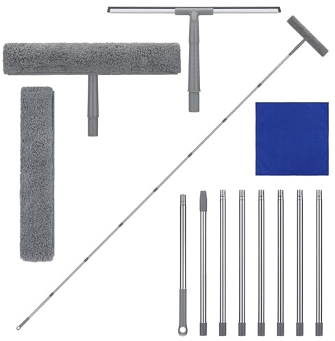 2 in 1 Window Cleaning Equipment, 11Feet(3.4m) Extendable Window Cleaning kit with Long Window Cleaning Pole, Shower Squeegee, Telescopic Window Cleaner for Glass, Mirror, Car