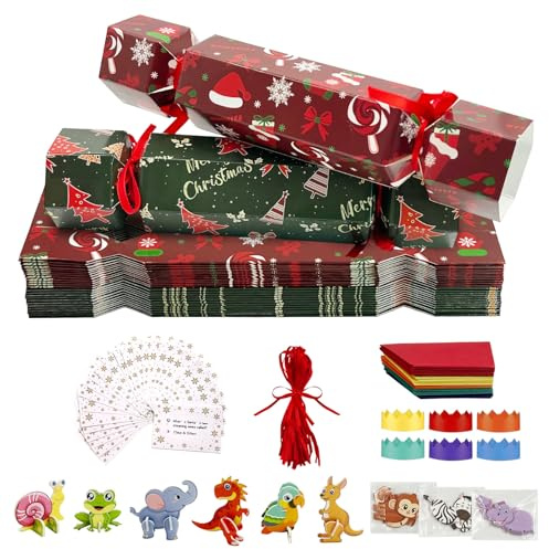 Daily Treasures 24 Pack Make Your Own Christmas No Snap Party Table Favor with Animal Puzzles, 300gsm DIY Christmas Party Games with Hats, Jokes & Ribbons, Traditions Supplies(Red&Green)