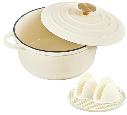 Nilpferd Gusseisen Topf Schmortopf 26cm Emaille Bräter mit Deckel Topflappen, Kasserollen Bratentopf brot backen für Schmoren Braten Incl.1 Paar Silikon Ofenhandschuhe&Topfuntersetzer(Cremeweiß,5L)